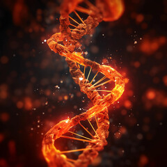DNA double helix structure with decaying or disease infested area in glowing orange. Generative AI.