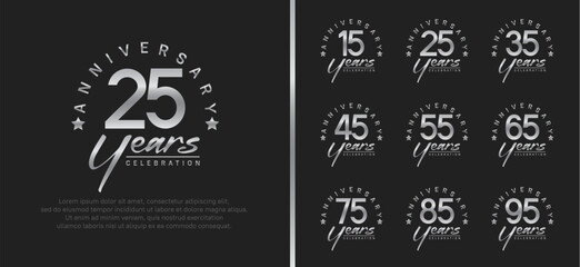 set of anniversary logo silver color number and silver text on black background for celebration