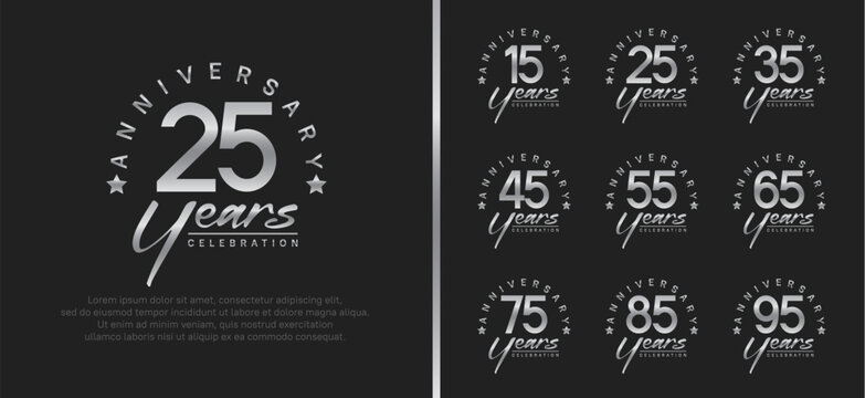 set of anniversary logo silver color number and silver text on black background for celebration