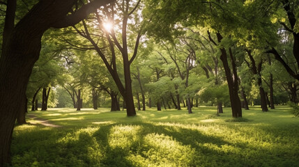 Fototapeta na wymiar Morning Sun rays in the park, mid view of green trees. Generative Ai