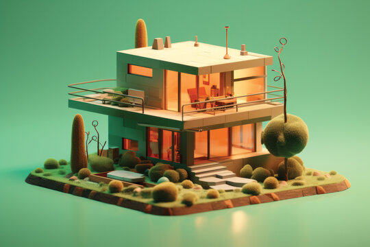 Photo 3d rendering of modern cozy house on the map isolated on green background