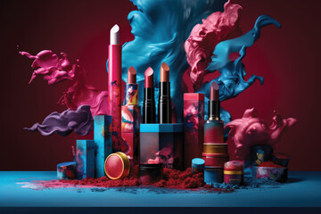 3d rendering Lipsticks and makeup products on colorful background