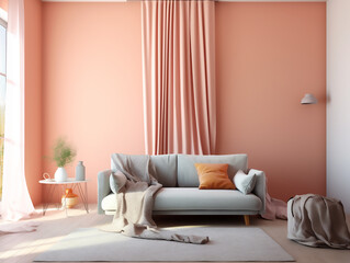 A living room with a blank pastel peach wall, accentuated by a large window with pastel,Generative AI