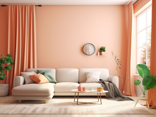 A living room with a blank pastel peach wall, accentuated by a large window with pastel,Generative AI