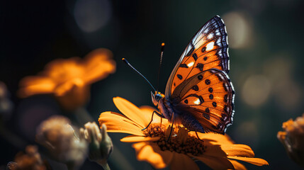 Fototapeta na wymiar A close-up of beautiful Butterfly on flower in nature, generative ai