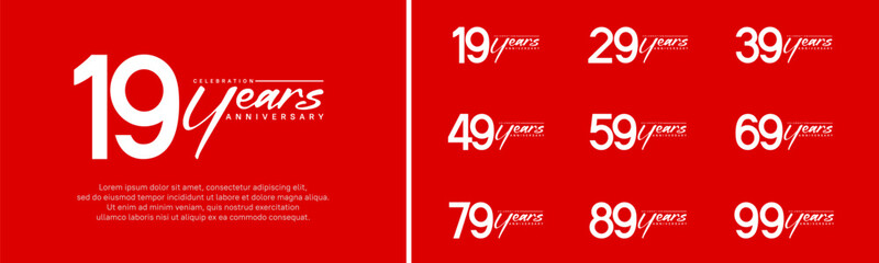 set of anniversary logo white color number and white text on red background for celebration