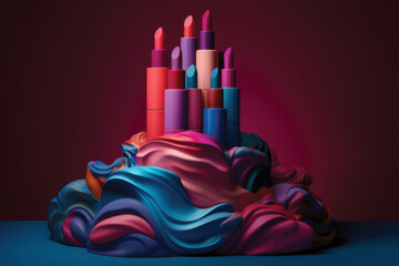 3d rendering Lipsticks and makeup products on colorful background
