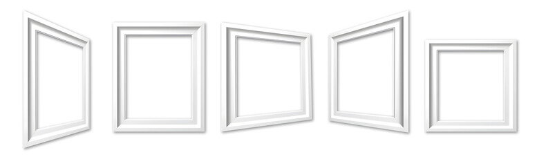White blank empty photo frame on transparent background cutout with shaded shadow, PNG file. Mockup template for artwork design. perspective positions many different angle. 3D rendering
