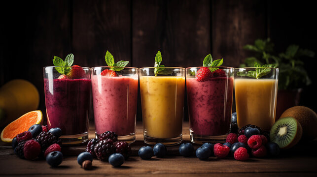 Fresh fruit smoothies closeup food photography, low angle, generative ai