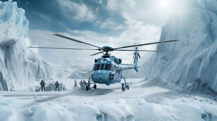 Illustration of a rescue helicopter on an alpine glacier. Generative AI. 