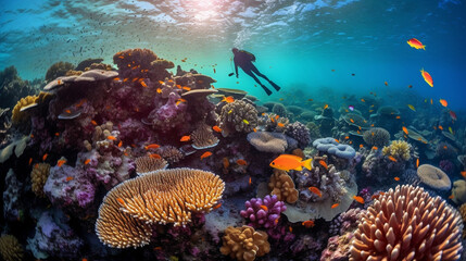 Naklejka na ściany i meble Illustration of a scuba diver on a colorful tropic reef. Generative AI. 