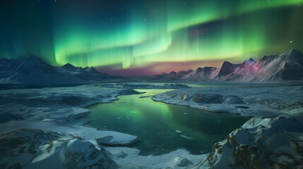 Fototapeta na wymiar Illustration of an arctic environment with northern lights. Generative AI. 