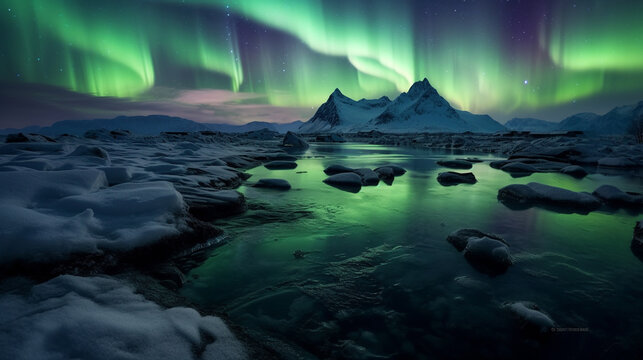 Illustration of an arctic environment with northern lights. Generative AI. © Jeff Whyte