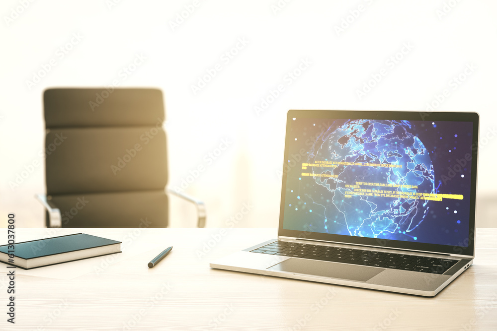 Poster computer monitor with abstract creative programming illustration and world map, big data and blockch
