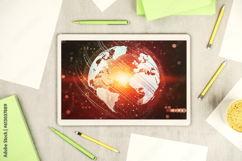 Poster Abstract graphic world map on modern digital tablet screen, connection and communication concept. Top view. 3D Rendering