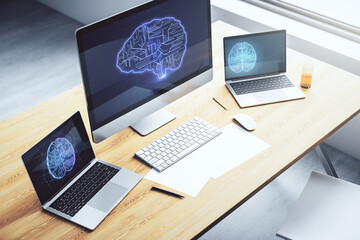 Modern computer display with creative human brain microcircuit. Future technology and AI concept. 3D Rendering