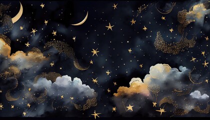 Seamless pattern of the night sky with gold foil constellations stars and clouds watercolor....