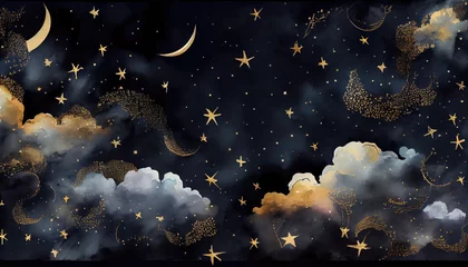 Abwaschbare Fototapete Retro Seamless pattern of the night sky with gold foil constellations stars and clouds watercolor. Generate Ai.