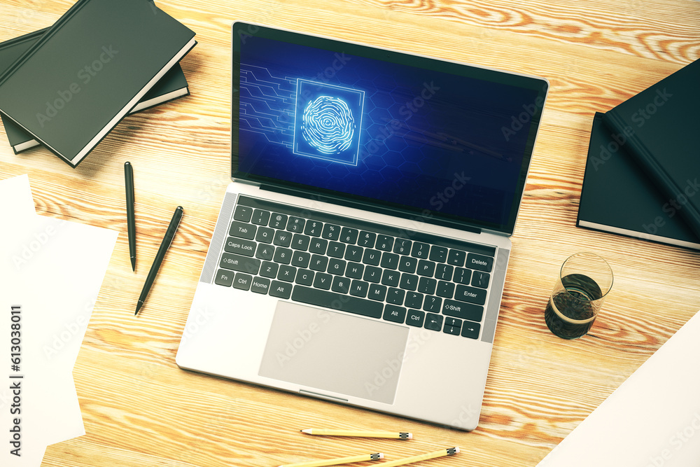 Aufkleber Computer monitor with abstract creative fingerprint illustration, personal biometric data concept. 3D Rendering