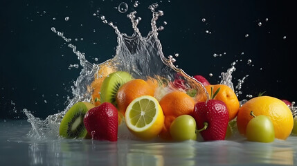 Fototapeta na wymiar Splashing fruit on water. Fresh Fruit and Vegetables being shot as they submerged under water. Illustration of Washing fruits, generative ai