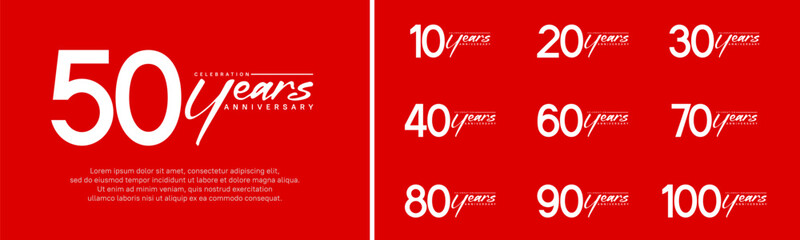 set of anniversary logo white color number and white text on red background for celebration