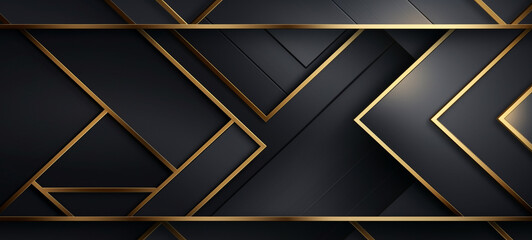 Luxury abstract black metal background with golden light lines. Dark geometric texture illustration. Bright grid pattern. Pure black horizontal banner wallpaper. 