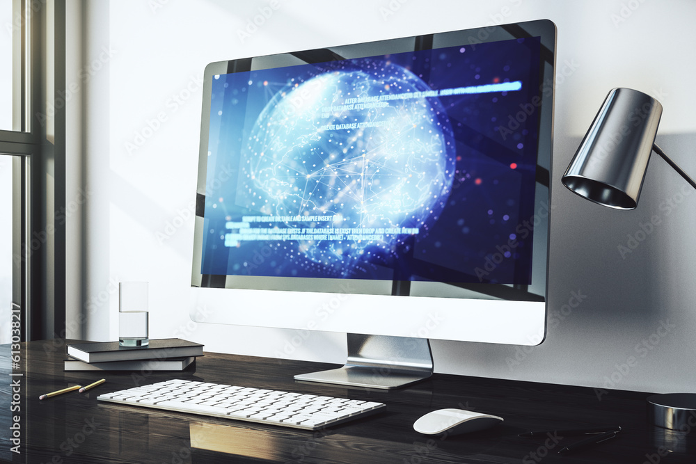 Leinwandbilder computer monitor with abstract creative programming illustration and world map, big data and blockch