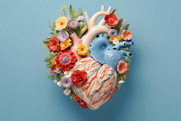 3D heart mock-up beautifully adorned with pastel-colored flowers and delicate leaves, creating an enchanting and romantic ambiance. generative AI.