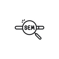 Magnifying glass with SEM symbol. Search engine marketing,  SEM outline icons. Vector illustration. Isolated icon suitable for web, infographics, interface and apps.