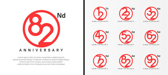 set of anniversary logo red color number in circle and black text on white background for celebration