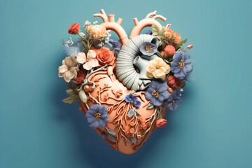 Naklejka premium A delightful pastel-themed 3D heart mock-up, skillfully decorated with a combination of flowers and leaves, evoking a sense of tenderness and joy. generative AI.