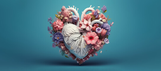 A delightful pastel-themed 3D heart mock-up, skillfully decorated with a combination of flowers and leaves, evoking a sense of tenderness and joy. generative AI.
