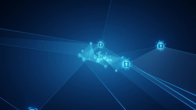 Animation of network of connecting points and digital padlock over connecting shapes on black background. global digital network technology security concept digitally generated image.