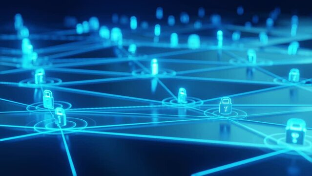 Animation of padlock with circuit board pattern and bar graph with red abstract pattern. digitally generated, hologram, report, data, cyber security, technology and finance concept.