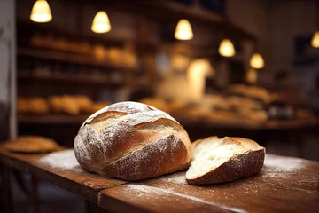 Deurstickers Brood Freshly Baked Goodness. Crusty Bread on Display in Bakery Shop generative ai.