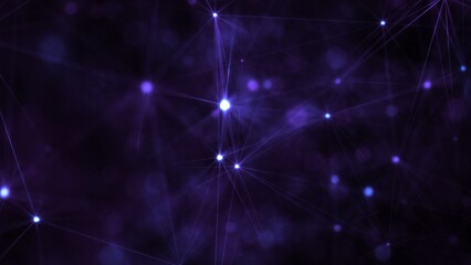 Neon purple gradient wallpaper banner background. Fantasy abstract technology, engineering and science backdrop with particles and plexus connected lines. Wireframe 3D illustration and copy space