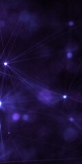 Obraz premium Neon purple gradient vertical web banner background. Fantasy abstract technology, engineering and science wallpaper with particles and plexus connected lines. Wireframe 3D illustration and copy space