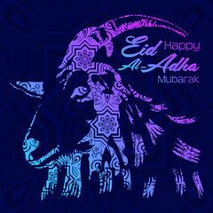 a dark blue background with gradient color blue and purple goat and the words happy eid al adha