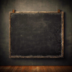 A blank blackboard on a wall. An old used black board on a grungy dim classroom. Generative AI.