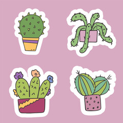 Set of cute stickers of cacti in pots. Indoor plants. For the design of cards, invitations or stickers. Isolated vector