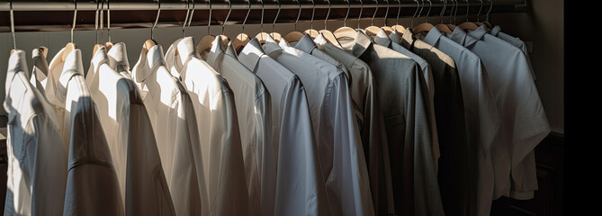 Ready-to-Wear. Dry Cleaners' Rack Stocked with Freshly Cleaned Clothes. generative ai