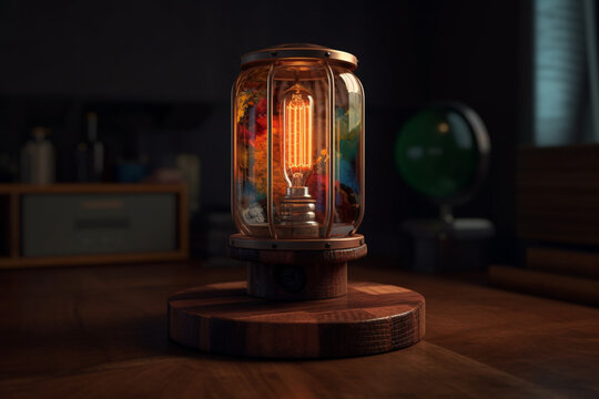 rustic lamp made of wood, with colored stained glass, Generative AI