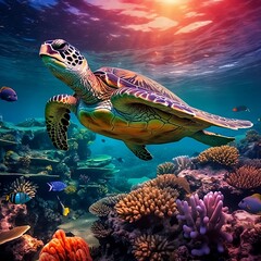 Ilustración de una tortuga en el mar