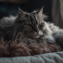 Naklejka premium closeup on a cat with brindle fur, fluffy and shaggy, Generative AI