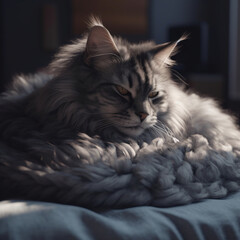 closeup on a cat with brindle fur, fluffy and shaggy, Generative AI