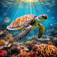 Ilustración de una tortuga en el mar nadando entre peces