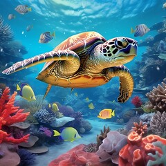 Ilustración de una tortuga de mar nadando entre peces y coral - obrazy, fototapety, plakaty