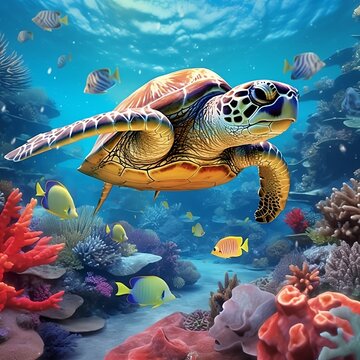 Ilustraci&oacute;n de una tortuga de mar nadando entre peces y coral