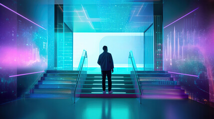 Person standing in front of stairs, futuristic lighting  