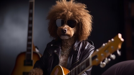 A funky dog with an afro hairstyle, wearing a leather jacket and playing guitar. Generative AI